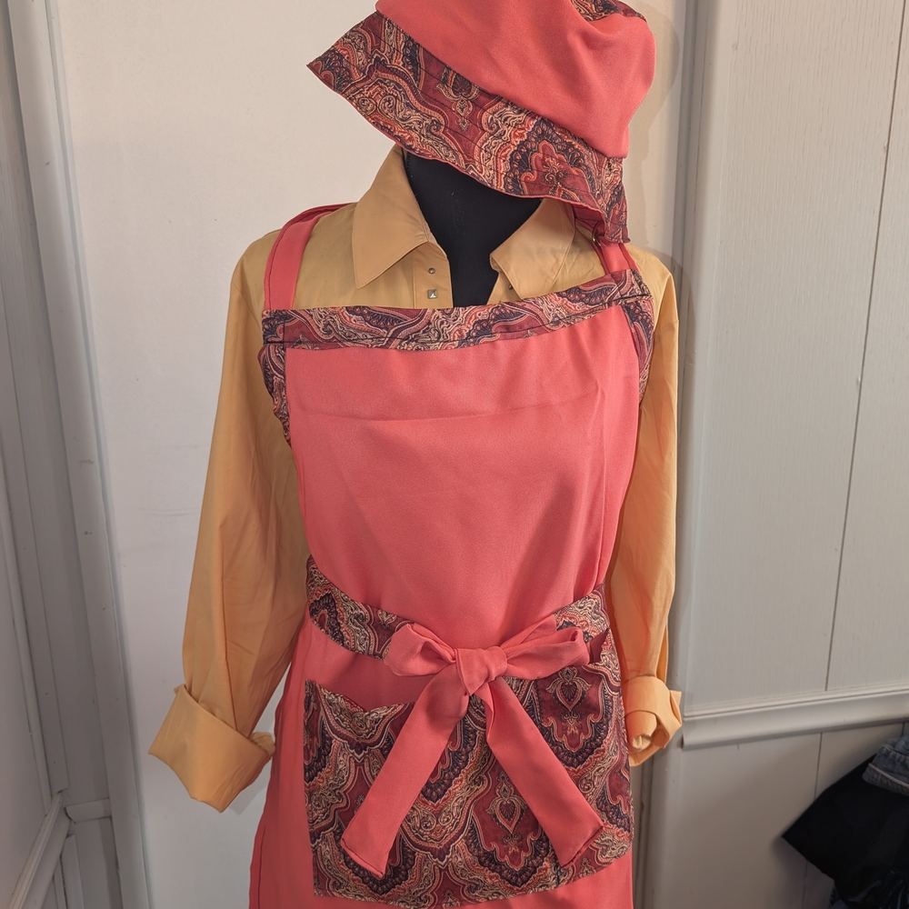 Coral Apron and Hat Set with Paisley Accents